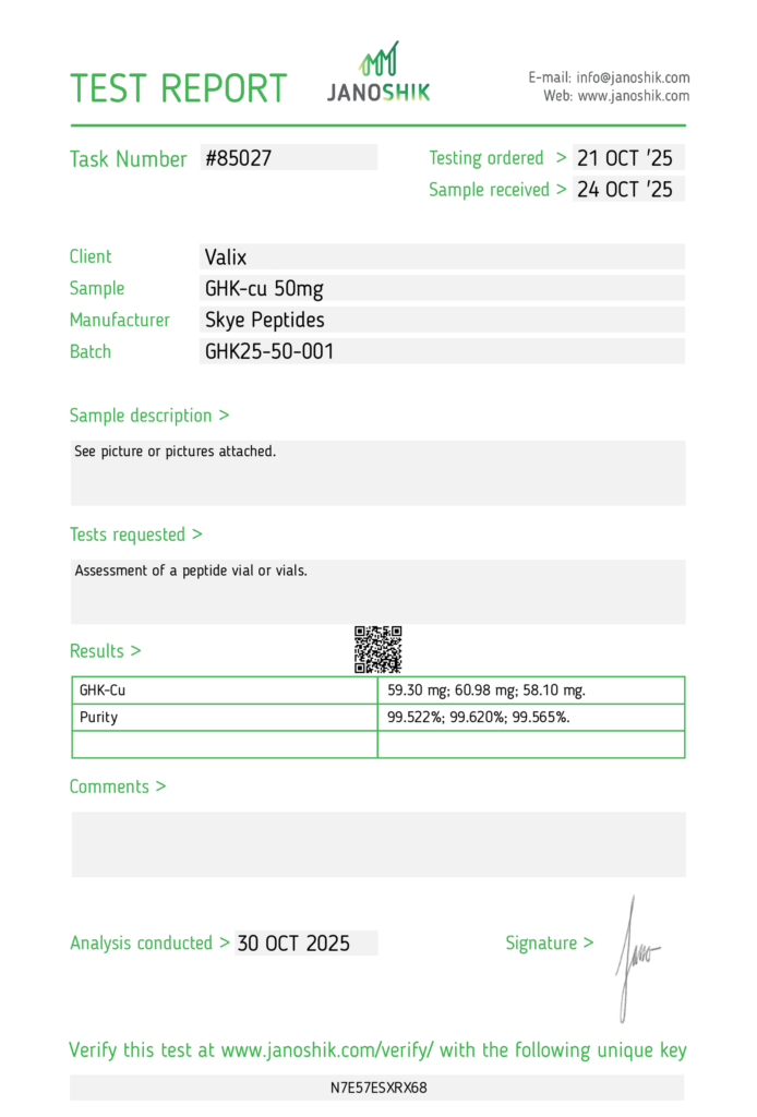 Janoshik Analytical HPLC certifikat för GHK-CU batch VX-2026-01